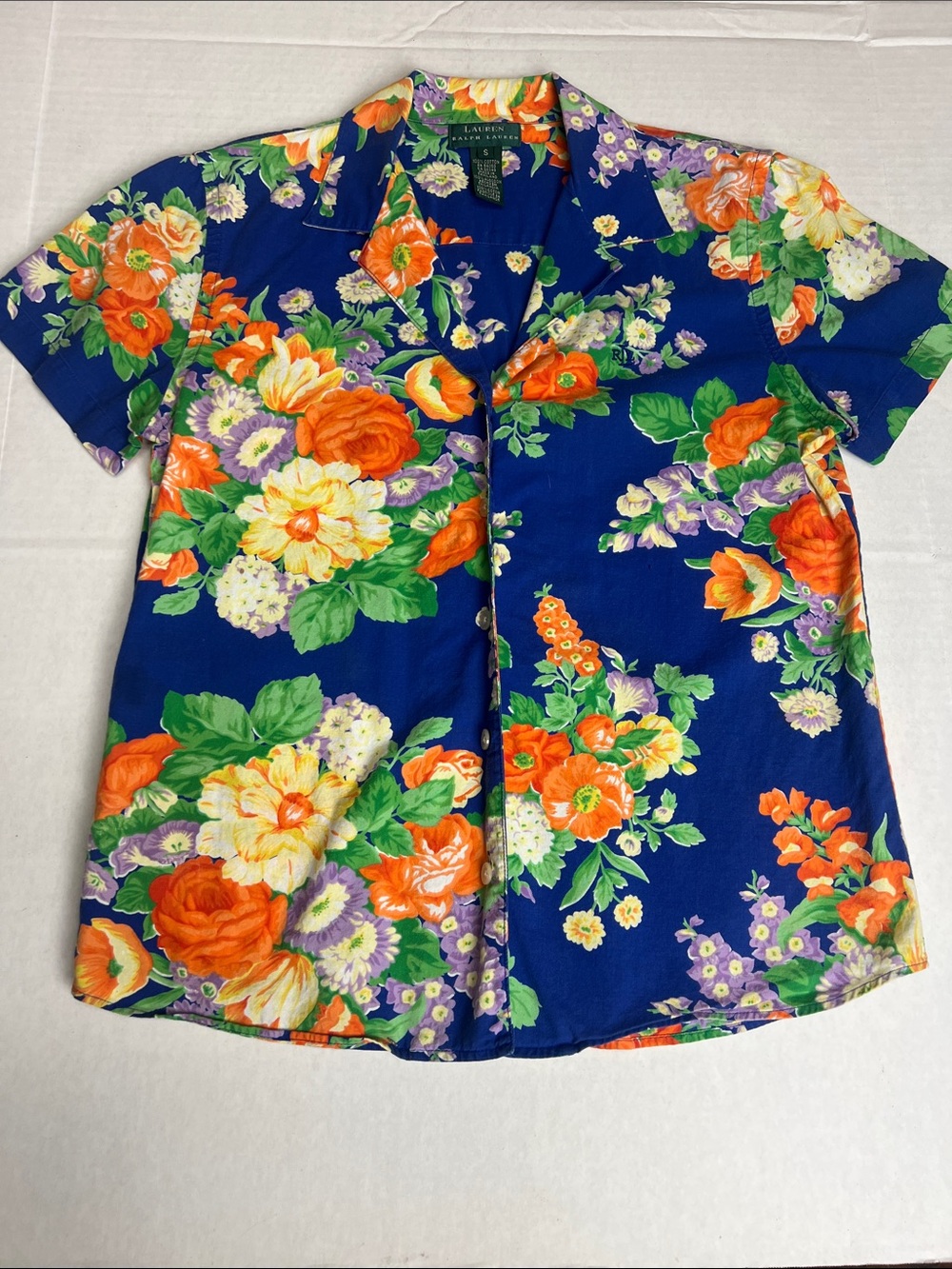 Lauren Ralph Lauren Women's Blue Floral Short Sleeve Button Up Shirt Size S